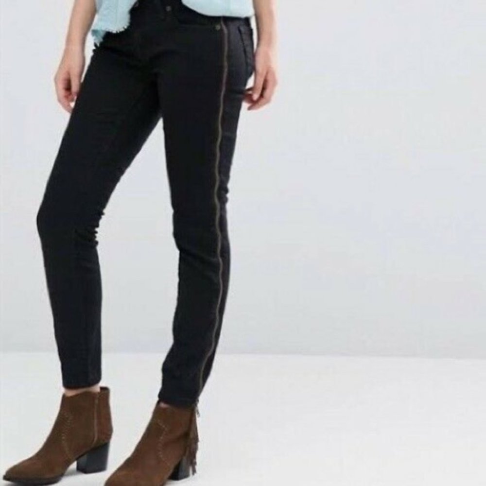FREE PEOPLE Women's Black Full Side Zipper Detail Skinny Jeans Size 25-Pre-Owned